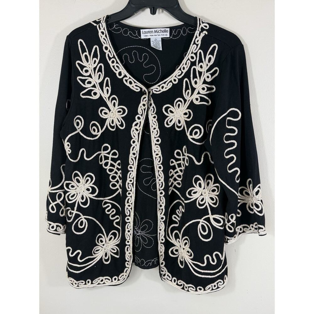Lauren Michelle Cardigan Women’s Size L Monochrome Embroidered Boho Artsy